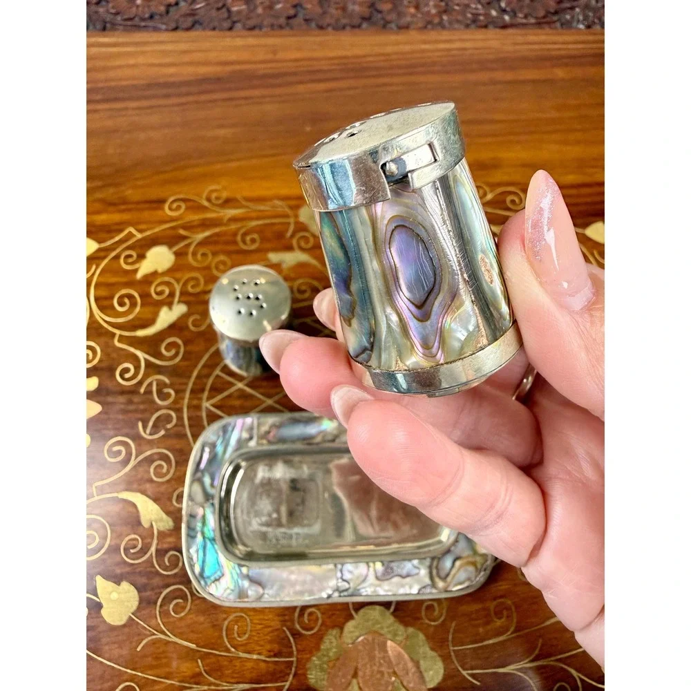 Vintage Mexican Alpaca Silver Abalone Salt & Pepper Shakers with Tray